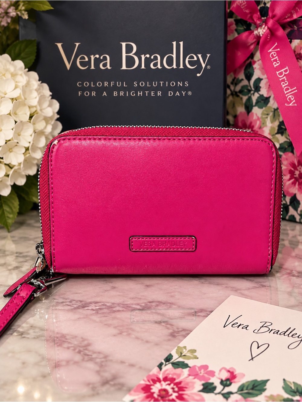 💖 Vera Bradley Bright Pink Faux Leather Zip-Around Wristlet Wallet